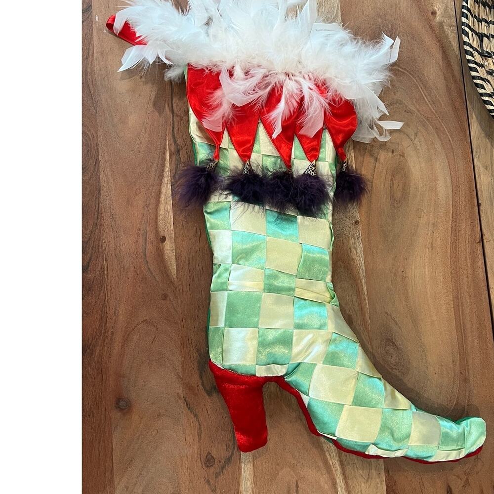 Department 56 whimsical jester Christmas stocking red heel feather trim holiday